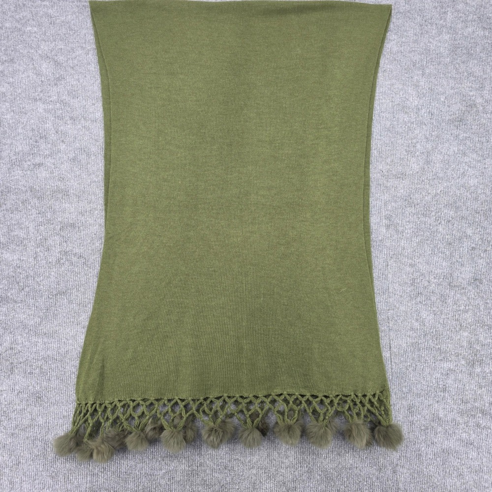 Olive Green Knit Scarf with Crochet Lattice Trim and Faux Fur Pom Poms